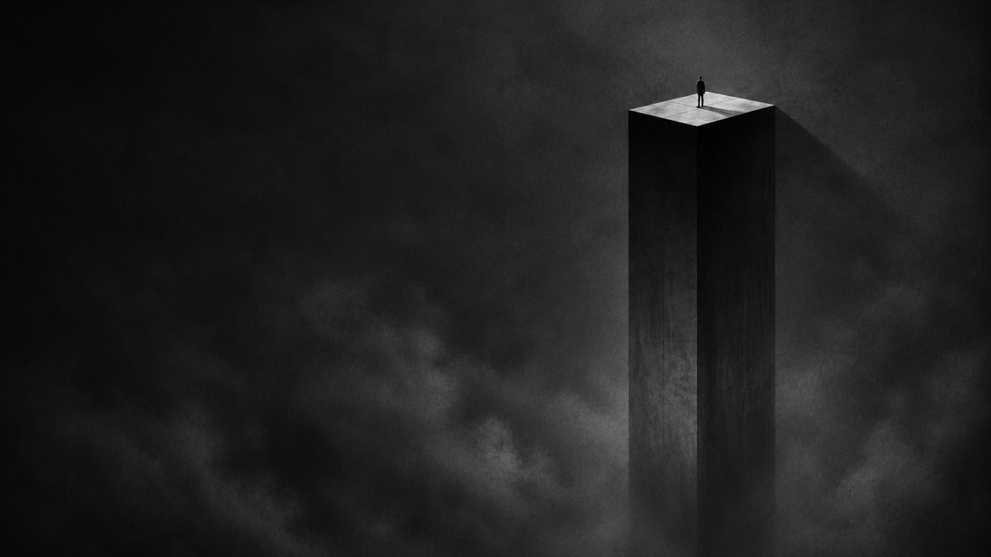 A lone figure standing atop a tall concrete monolith rising out of fog