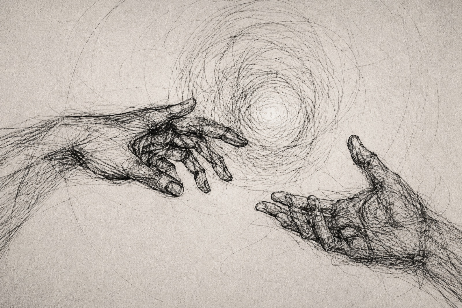 Two hands drawn in ink reaching toward a spiral of light between them